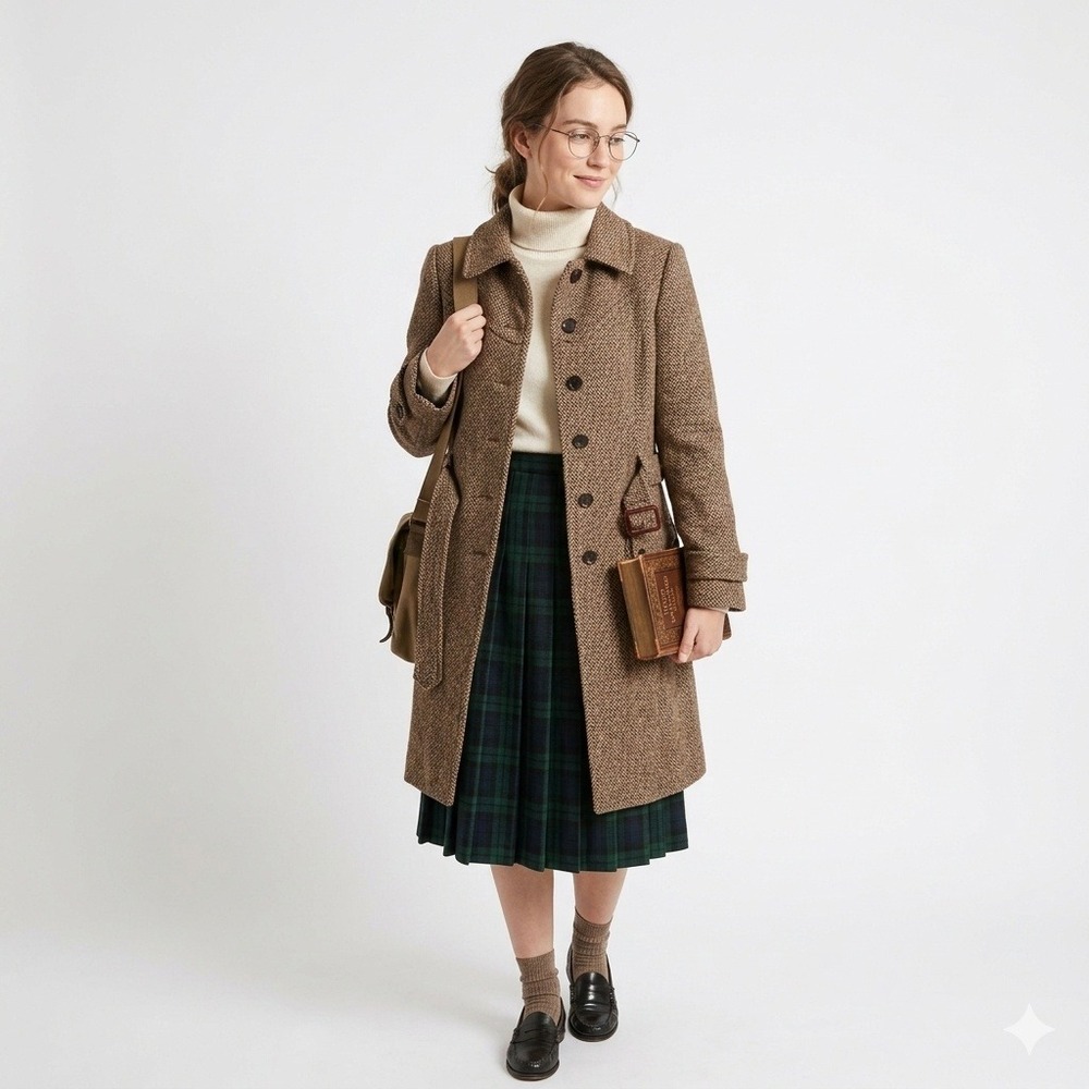 Ann Taylor Loft Trench Coat Large Herringbone Tweed Belted Brown Tan Academia